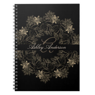 Elegantes Chic Black and Gold Floral Script Monogr Notizblock