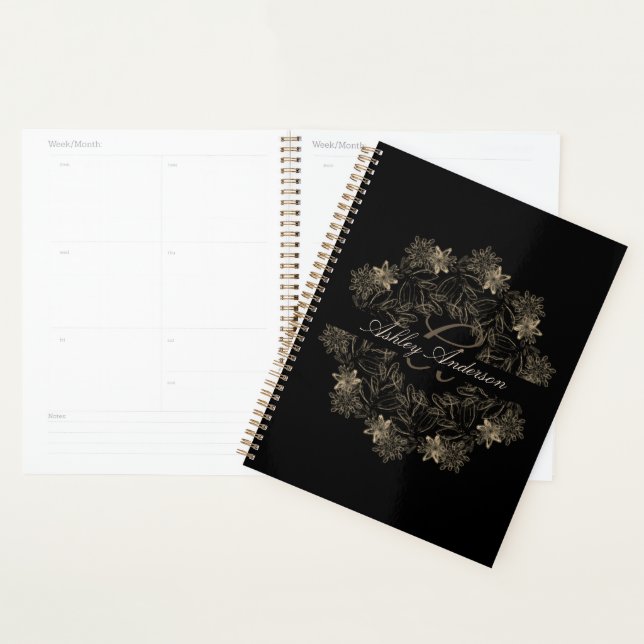 Elegantes Chic Black and Gold Floral Script Monogr Planer (Anzeige)