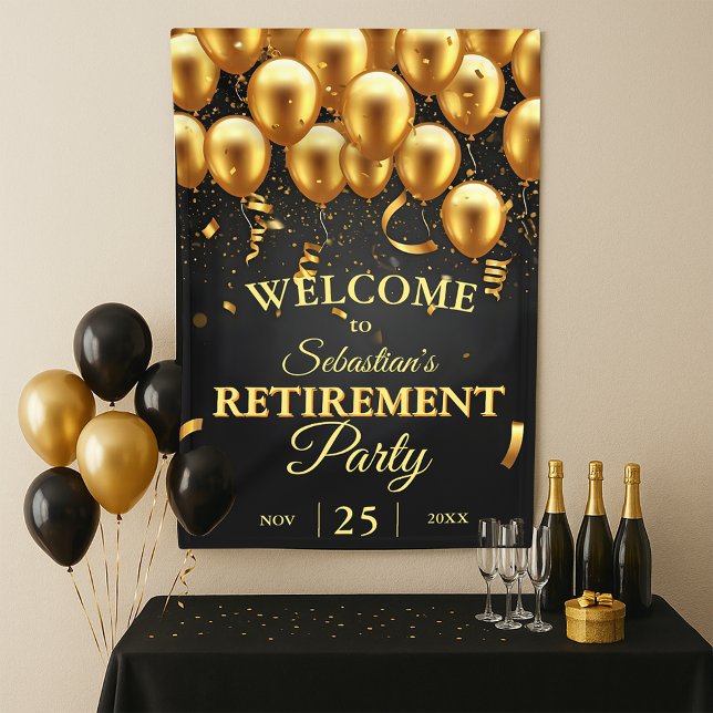 Elegantes Chic Black Gold Balloons Retirement Part Banner (Von Creator hochgeladen)