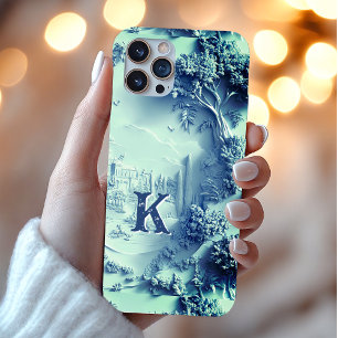 Elegantes Chic Blue Blumenchinoiserie Monogramm iPhone 16 Pro Hülle