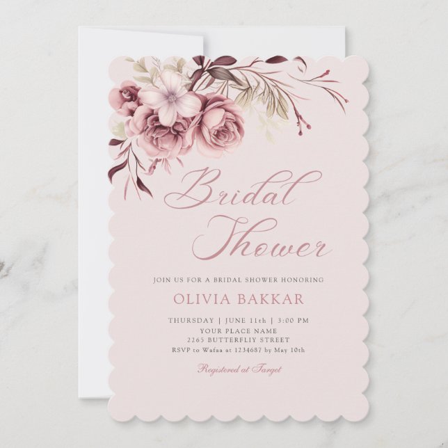 Elegantes Chic Blush Pink Boho Floral Brautparty Einladung (Vorderseite)