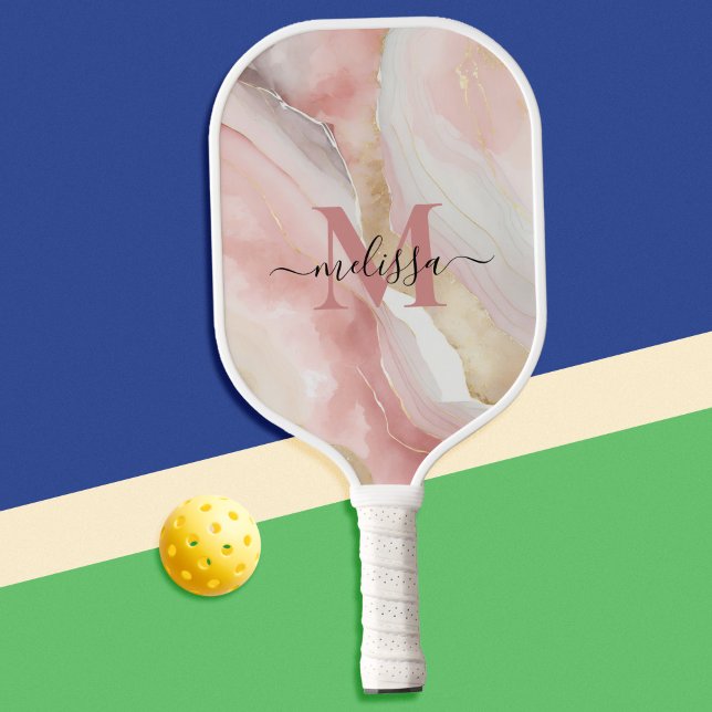 Elegantes Chic Blush Pink Monogramm Pickleball Schläger (Von Creator hochgeladen)