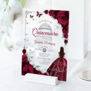 Elegantes Chic Burgunder-Rosen Silber Quinceanera Acryleinladungen