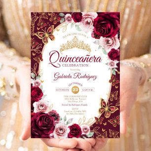 Elegantes Chic Burgunderrot Gold Blumen Quinceaner Einladung
