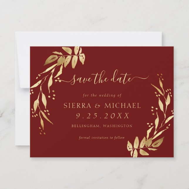Elegantes Chic Burgundy Golden Foliage Save the Da Einladung (Vorderseite)