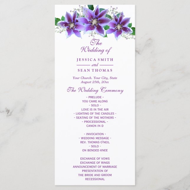 Elegantes, chic Clematis-Hochzeitsprogramm Programm (Vorderseite)