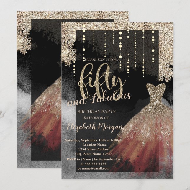 Elegantes Chic Dress 50. Geburtstagsparty Einladung (Vorne/Hinten)