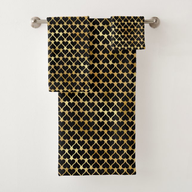 Elegantes Chic Gold Black Hearts Muster Badhandtuch Set (Insitu)