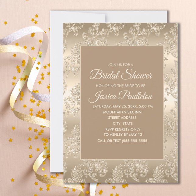 Elegantes Chic Gold Champagne Vintages Brautparty Einladung (Gold damask bridal shower invitation
)