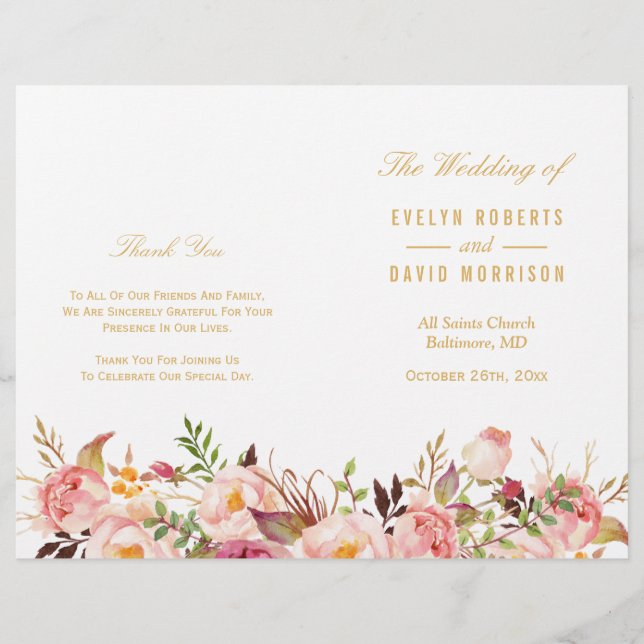 Elegantes Chic Gold Floral Folded Wedding Programm (Vorderseite)