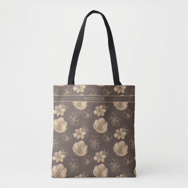 Elegantes Chic Gold Foil Blumenmuster Monogramm Tasche (Vorderseite)