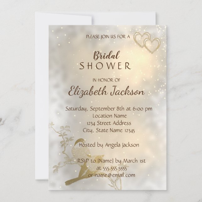 Elegantes Chic Gold Hearts, Birds Brautparty Einladung (Vorderseite)