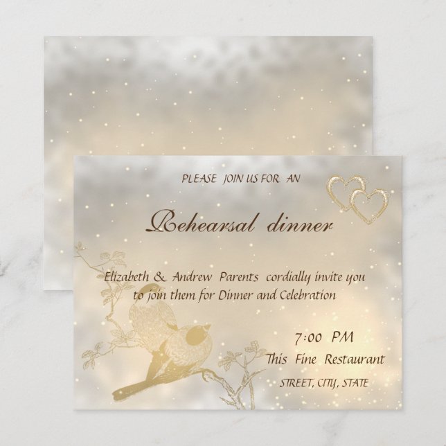 Elegantes Chic Gold Hearts, Birds Probe Dinner Einladung (Vorne/Hinten)
