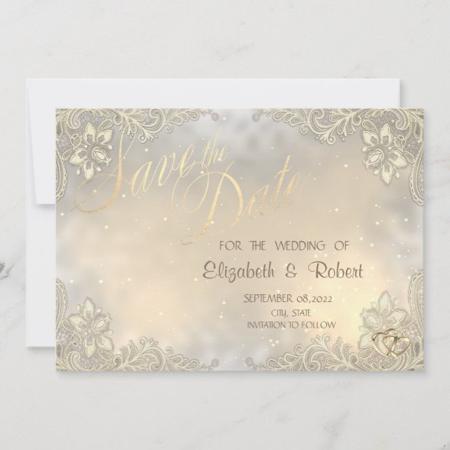 Elegantes Chic Gold Hearts, Spitzen-Rahmen Save th Save The Date (Vorderseite)