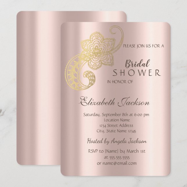 Elegantes Chic Gold Paisley Rose Gold Brautparty Einladung (Vorne/Hinten)