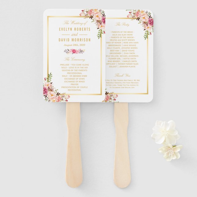 Elegantes Chic Gold Pink Floral Wedding Programm Fächer (Vorne und Hinten)