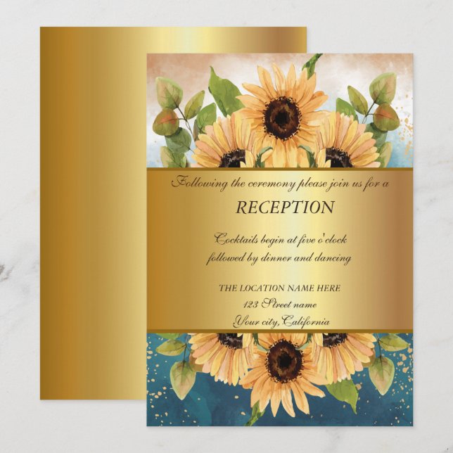Elegantes Chic Gold, Sonnenblumen Hochzeitsempfang Einladung (Vorne/Hinten)