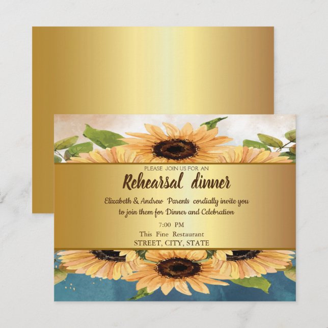 Elegantes Chic Gold, Sonnenblumen Probe Abendessen Einladung (Vorne/Hinten)
