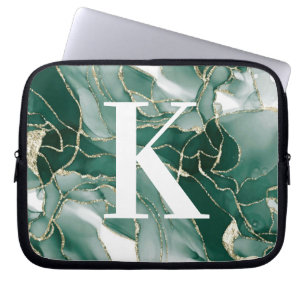 Elegantes Chic Green Gold Marmor Agate Monogram Laptopschutzhülle