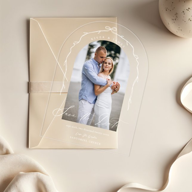 Elegantes Chic Hand Drawn Bow & Ribbon Arch Foto Acryleinladungen (Elegant Chic Hand Drawn Bow & Ribbon Arch Photo Acrylic Invitations)