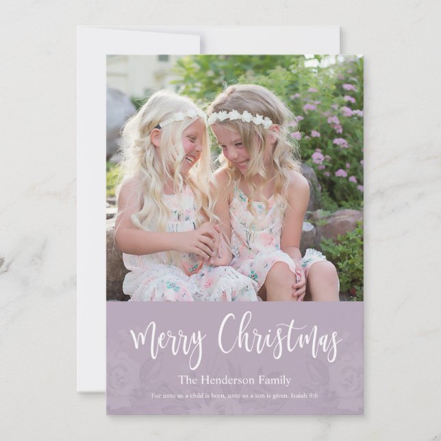 Elegantes Chic Lavender Floral Foto Weihnachten (Vorderseite)