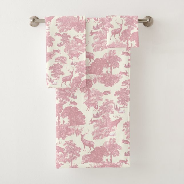 Elegantes Chic Light Pink Toile Deer Woodland Badhandtuch Set (Insitu)