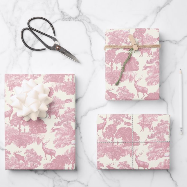 Elegantes Chic Light Pink Toile Deer Woodland Geschenkpapier Set (Vorderseite)