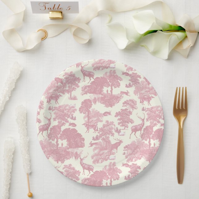 Elegantes Chic Light Pink Toile Deer Woodland Pappteller (Hochzeit)