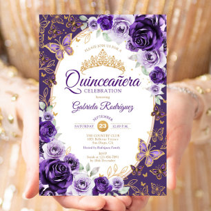 Elegantes Chic Lila Gold Floral Quinceanera Einladung