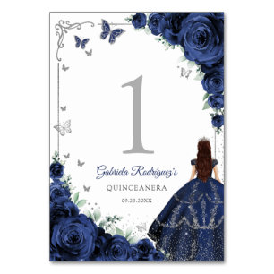 Elegantes Chic Navy Blau Rosen Silber Quinceanera Tischnummer