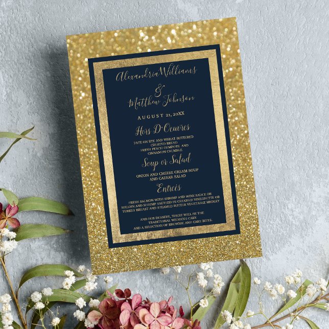 Elegantes Chic Navy Blue Gold Glitzer Wedding Menu Menükarte (Elegant Chic Navy Blue Gold Glitter Wedding Menu)