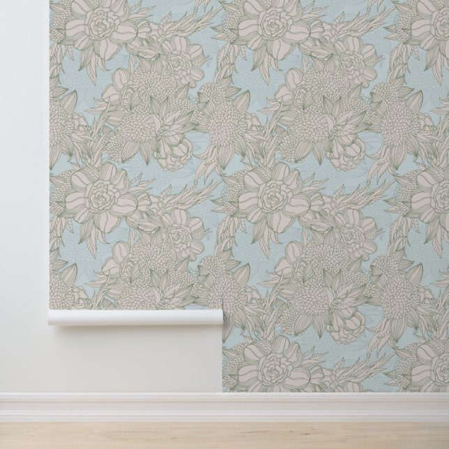 Elegantes Chic Pale Blue Sage Rose & Dahlia Muster Tapete (Anwendung)