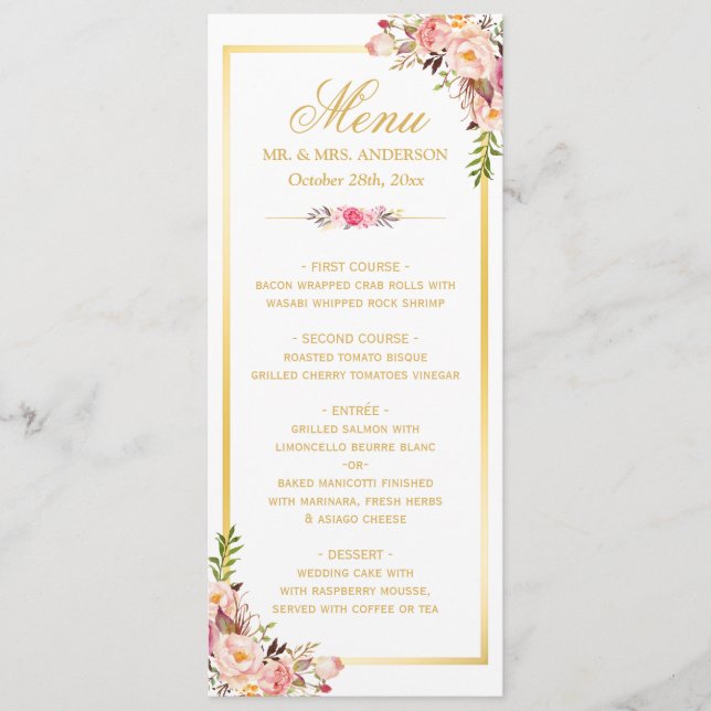 Elegantes Chic Pink Floral Gold Frame Wedding Menü Menükarte (Vorderseite)