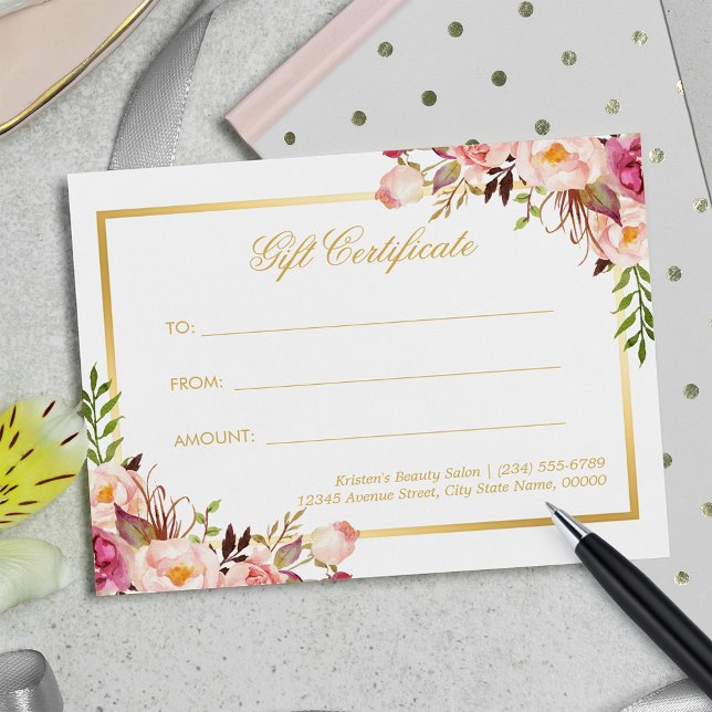Elegantes Chic Pink Floral Gold Geschenkgutschein Postkarte (Von Creator hochgeladen)