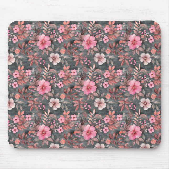 Elegantes Chic Pink und Gray Floral Gemustert Mousepad (Vorne)