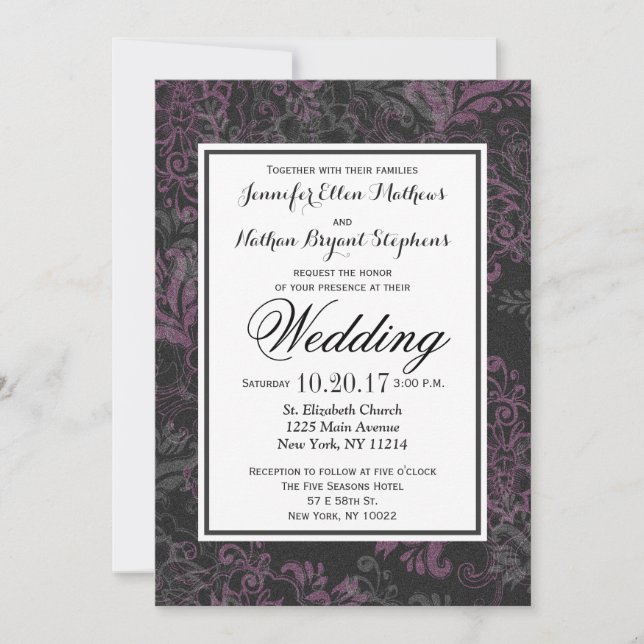 Elegantes Chic Rosa, Schwarz & Gray Floral Einladung (Vorderseite)