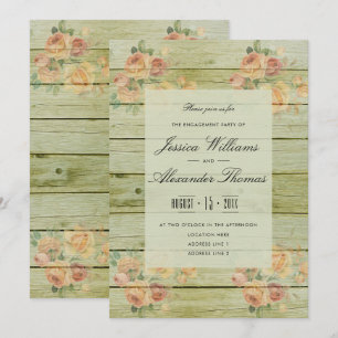 Elegantes Chic-Rosenbouquet auf Holz zur Verlobung Einladung