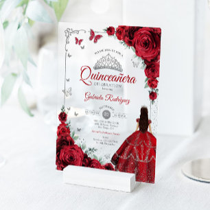 Elegantes Chic roten Rosen Silber Quinceanera  Acryleinladungen