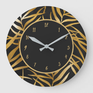 Elegantes Chic Schwarz Gold Glitter Blätter Design Große Wanduhr