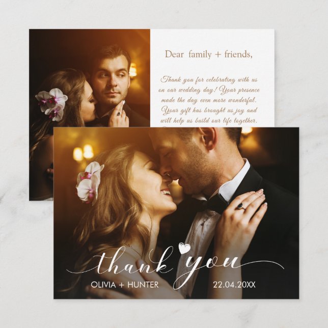 Elegantes Chic Script Gold Wedding 2 Foto Dankeskarte (Vorne/Hinten)