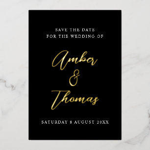 Elegantes Chic Script Save the Date Black & Gold Folieneinladung