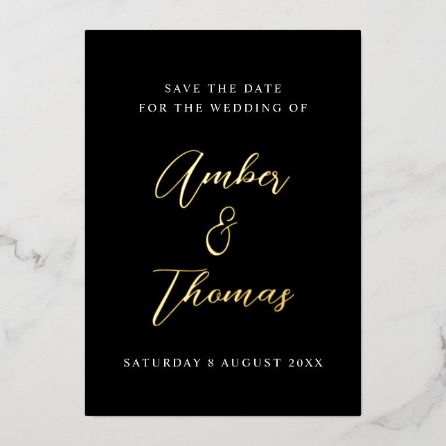 Elegantes Chic Script Save the Date Black & Gold Folieneinladung (Vorderseite)