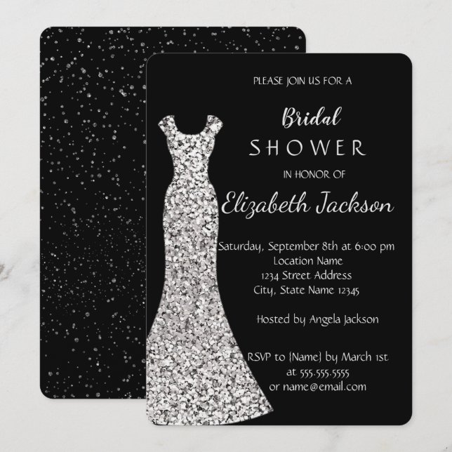Elegantes Chic Silver Dress, Confetti Brautparty Einladung (Vorne/Hinten)