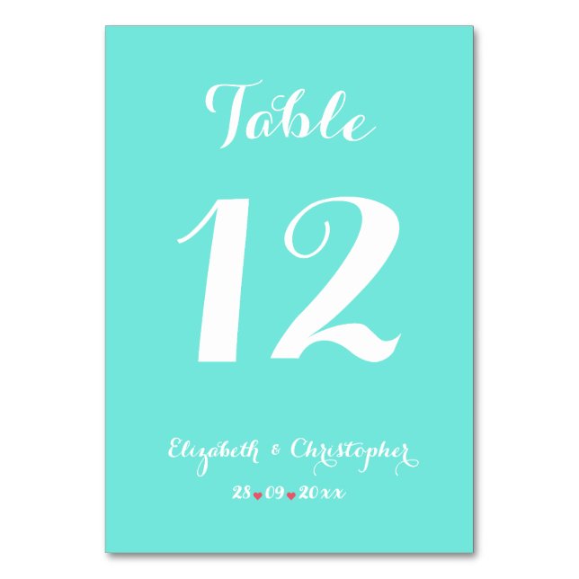 Elegantes Chic Türkise White Wedding Brautparty Tischnummer (Vorderseite)