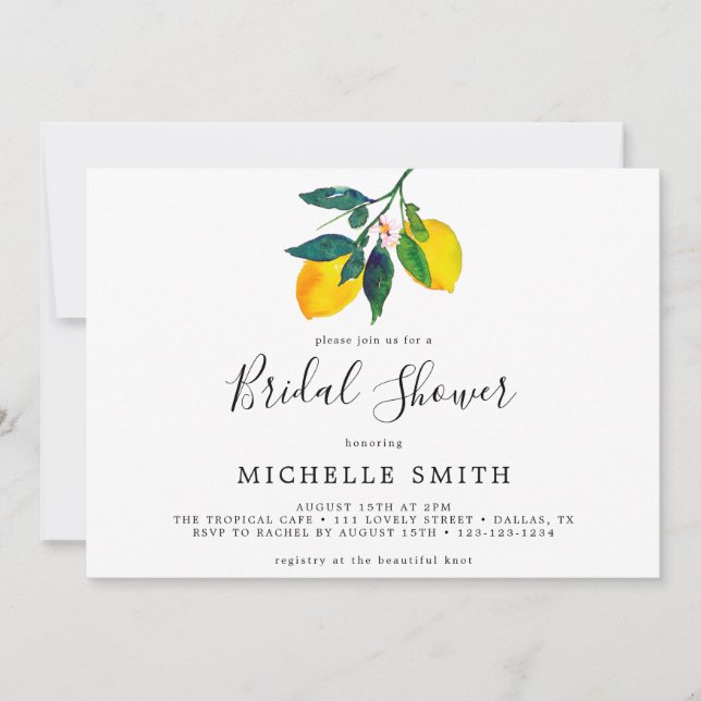 Elegantes Chic Watercolor Lemon Brautparty Einladung (Vorderseite)