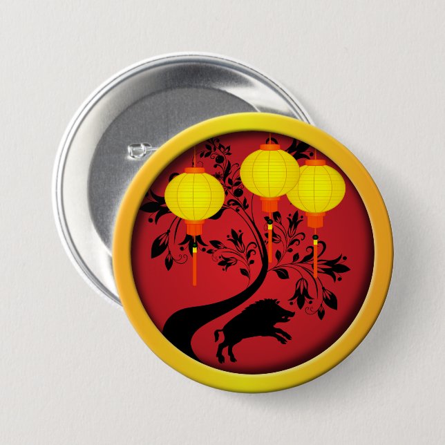 Elegantes chinesisches Neujahr Pig Gold Lanterns Button (Vorne & Hinten)