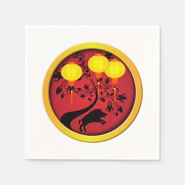 Elegantes chinesisches Neujahr Pig Gold Lanterns Serviette (Vorderseite)