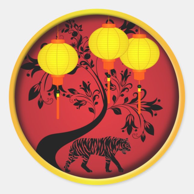 Elegantes chinesisches Neujahr Tiger Gold Lanterns Runder Aufkleber (Vorderseite)