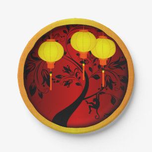 Elegantes chinesisches Neujahrsäffchen mit goldene Pappteller