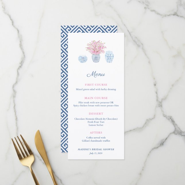 Elegantes Chinoiserie Navy & Pink Brautparty Menu Menükarte (Vorderseite/Rückseite Beispiel)
